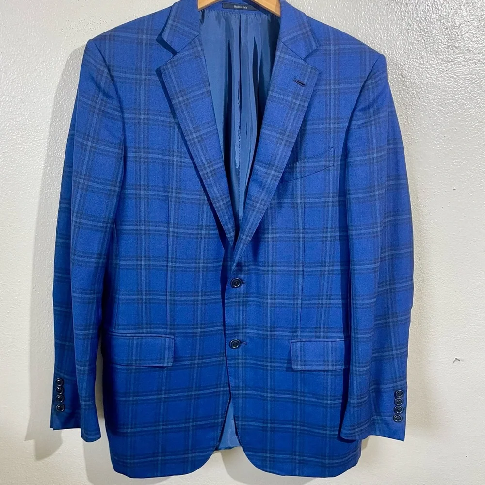 Ermenegildo Zegna Wool Sport Coat Blue Windowpane US 42L/IT 52L Blazer Office